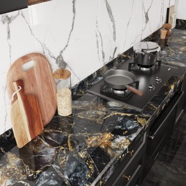 CRE8TIVE 24"x118" Wide Slate Gold Marble Contact Paper for Countertops Waterproof Glossy Marble Peel and Stick Wallpaper Self Adhesive Marble Removable Wallpaper Vinyl for Kitchen Counter Top Shelves