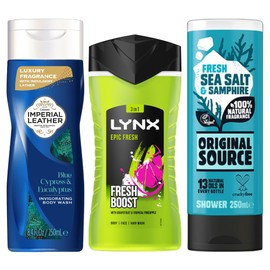 Lynx, Imperial Leather & Original Source Shower Gel Bundle | Fresh & Invigorating Body Wash Set – Grapefruit, Eucalyptus & Sea Salt | 3 Pack | 225ml-250ml