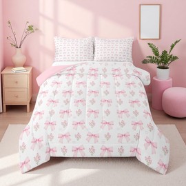 Erosebridal Bow Comforter Set Twin for Girls,Girly Pink Floral Coquette Bedding Set for Kids Dreamy Princess Style Bowknot Bedding,Bow Tie Ribbon Heart Shaped Duvet Insert 2 Pcs with 1 Pillow Case