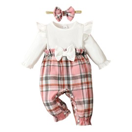 QUNERY Newborn Baby Girl Clothes Long Sleeve Ruffle Jumpsuit Bowknot Romper Infant Girl Fall Winter Outfits Pink 6-12 months