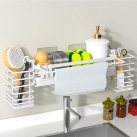 MAOERFUL Sponge Holder for Kitchen Sink, Kitchen Sink Caddy with 2 Removable High Brush Holders, Rust-Resistant Kitchen Sink Organizer for Dish Cloth, Brushes, Detergent and Soap Black (White)