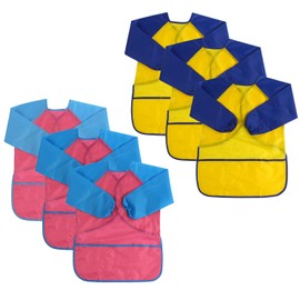 DIYASY 6 Pack Kids Painting Apron, Waterproof Children Toddler Art Smock with Long Sleeves and 3 Roomy Pockets, Age 2-5 Years Boys and Girls Play Apron for Painting, Cooking, Baking (Yellow+Pink)