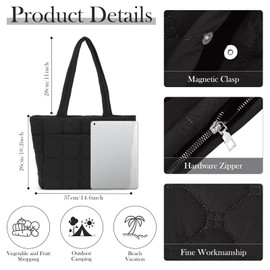 7VSTOHS Puffer Bag for Women, Women's Bag with Zip, Nylon, Padded Quilted Tote Bag, Large Capacity Shoulder Bag for Everyday Work, Office, Travel, black