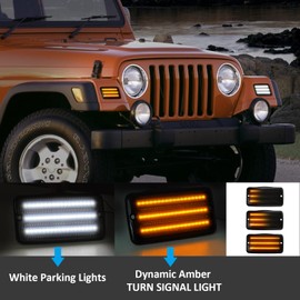 Bestview Jeep Wrangler TJ Led Sequential Front Turn Signal Lights White DRL for 1997-2006 Jeep Wrangler TJ,Led Side Markers Assembly Smoked Len,Pack of 2