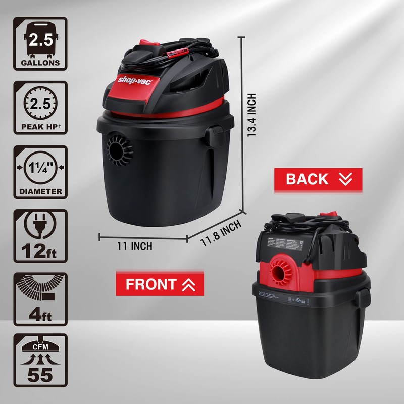 Shop-Vac 2.5 Gallon 2.5 Peak HP Wet/Dry Vacuum, Portable Compact