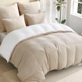 EMME Muslin Bed Linen 200 x 200 cm - Reversible Bed Linen 100% Cotton, Oeko-Tex Certified 2-in-1 Double Gauze Bed Linen with 2 Designs, 4-Season Set with, 1 Duvet Cover + 2 Pillowcases, Beige/White
