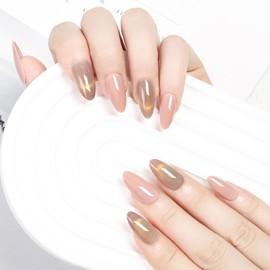 Withered Hnad Press On Nails - Semi-Transparent Glitter Short Almond False Nails, Reusable Stick On Fake Nails with Glue | Salon Quality - 24 Nails Kit