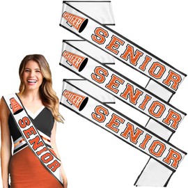 Senior Sash Cheer Bulk - SET OF 3: Ribbon Edge Orange with Black Outline CHEER Senior White PREMIUM GRADE SATIN Sash - Cheerleader Send Off Gifts - Set3(RbnCheer ORG w/Blk) WHT