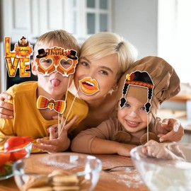 30 Pcs Thanksgiving Day Photo Booth Props with Stick, Selfie Photo Props for Friends Thanksgiving Feast Birthday Party Photo Booth, Give Thanks Fall Harvest Funny Turkey Party Decor Supplies