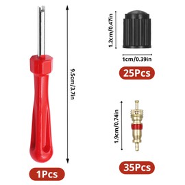 OWLMATE Car valve key, valve key, valve extractor, car tyre valve, pack of 25 tyre valve caps, 35 valve core, 1 valve core tool (gold)