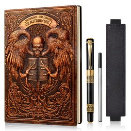 JiaoJiRen 3D Angel Skull Embossed Leather Notebook A5 Travel Journal with Black Ballpoint Pen & Pen Sleeve,Antique Handmade Daily Notepad Sketchbook for Men&Women