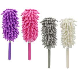 zdyCGTime Hand Washable Dusters,Ultra Long Retractable Stainless Steel Microfiber Brush,Electrostatic Cleanable Dust Collector Head Cleaning Brush,Ideal for Office/Home.(4Pack/Grey+White+Pink+Purple)