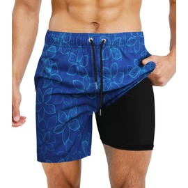 Suwangi Men's Swim Trunks Double Layer Beach Shorts Quick Dry Swimming Trunks Compression Liner 2 in 1 Swim Shorts Boxer Brief Waterproof Surfing Boar Blue