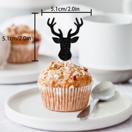 18pcs Black Glitter Deer Head Cupcake Topper Forest Animal Theme Decor Supplies Baby Shower Men Women Happy Birthday Party Decorations