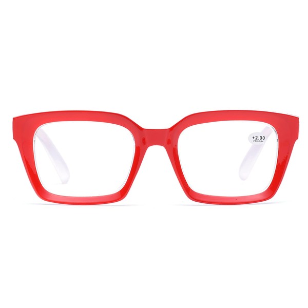 ZUVGEES Retro Style Square Reading Glass Big Eyeglass Frames Large lens 50mm (Red, 1.75)
