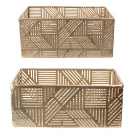 HOME DECO FACTORY - Rg6250 – 2 x Gold Striped Metal Basket Decorative Storage Basket Pot Cover