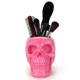 RURUOGUK Skull Pen Pencil Holder Makeup Brush Holder Flower Pot Key Storage Home Office Decor, Gothic Resin Skeleton Container for Makeup, Keys, Jewellery, Stationery, Spare Coins, Candy (Red)