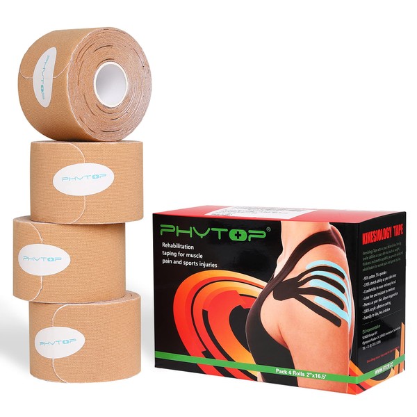 PHYTOP Kinesiotapes Precut 5 m - Kinesiology Tape Skin Colours - Tape Sport Ideal for Muscles & Joints & Tendons 20 Pre-Cut Physio Tape 25 cm x 5 cm (Pack of 4)