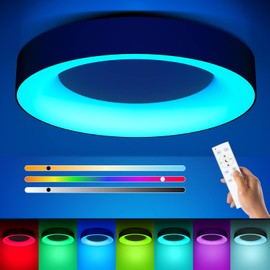 Annaror RGB Led Flush Mount Ceiling Light with Remote Control, 11 Inch 24W Black Ceiling Light Fixture, 3000K-6500K Light Color Changeable, Modern Ceiling Lights for Bedroom Kids Room
