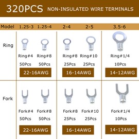 DIANQI 320PCS Non-Insulated Ring Terminals & Fork Electric Wire Connectors, AWG 22-16 16-14 12-10 Tinned Pure Copper Wire Lugs Battery Cable Terminals Wire Crimp Connectors