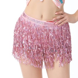 Glitter Skirt Pink Glitter Women's Skirt Sequins Skirt Belly Dance Costume Cowgirl Costume Dance Dress Rave Outfit Hip Scarf Costume for Stage Show, Party, Celebration, pink, XL