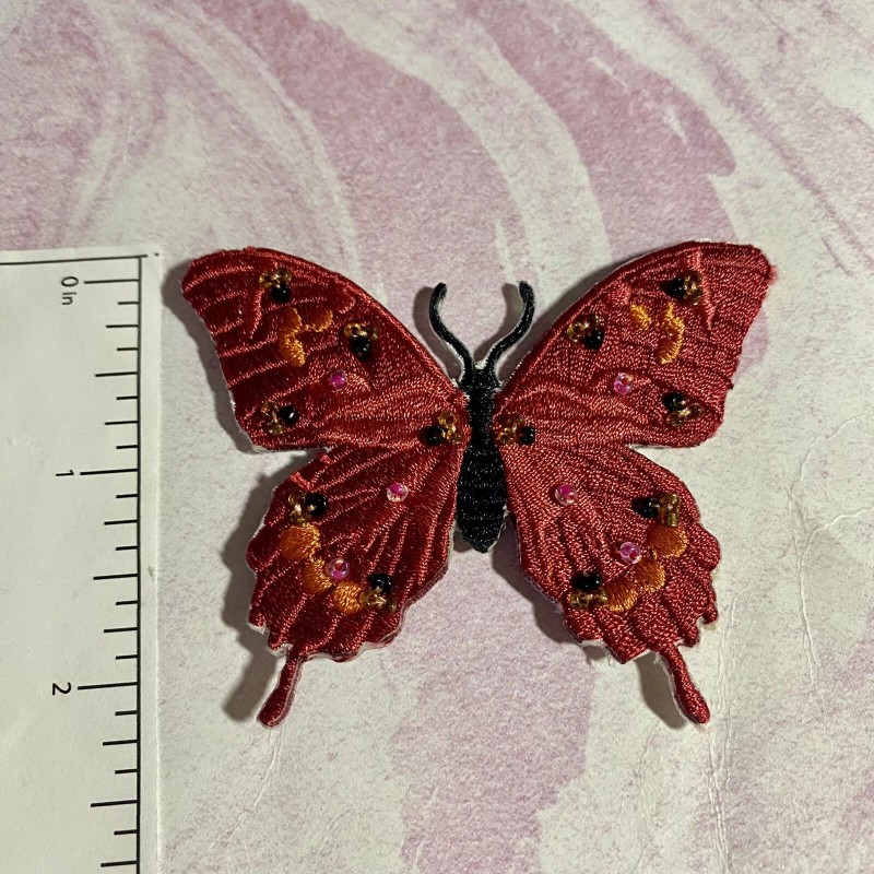 BUTTERFLY IRON ON PATCH EMBROIDERED WITH BEAUTIFUL BEADS! Pink/red So