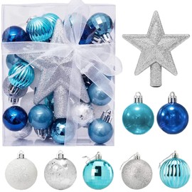 Pack of 30 Mini Christmas Baubles with Hanger, 3 cm Small Christmas Tree Baubles, Blue & Silver Baubles, Mini Christmas Tree, Table Christmas Tree Decoration Set