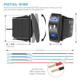 Recoil LAS2 DPDT 20A 12V DC Motor Polarity Reversing Momentary Rocker Switch with Pigtail Wire Actuator Up Down Blue LED with Aluminum Plate Adaptor and Carling Switch Adaptor for Polaris Cutout