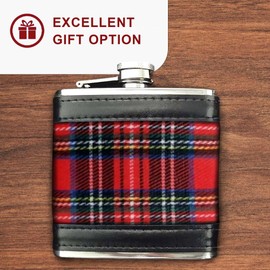 Scottish Tartan 6oz Hip Flask for Men - PU Leather Trim - Gift Box New Year, Christmas - Camping or Outdoors - Stainless Steel Leakproof - Checkered Red