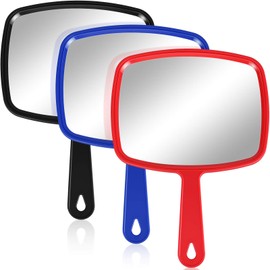 Jetec 3 Pcs Hand Handheld Mirrors with Handle Bulk, Small Portable Salon Barber Hairdressing Vanity Cosmetic Mirror for Travel, Home, Square(9.17 x 6.53 Inch,Red, Black, Blue)