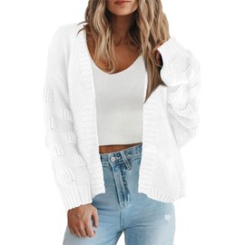 Women's 2024 Fall Open Front Long Lantern Sleeve Cardigan Oversized Chunky Outwear White