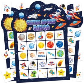 Leezead Space Bingo Game, 24 Players Outer Space Bingo Cards for Birthday Party Family Friends Large Group Activities