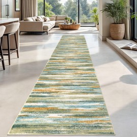 Lansny Modern Abstract Runner Rug 2.6x18, Green Mustard Multi Washable Long Kitchen Runner Non-Slip Soft Hallway Rug Runner Thin Print Faux Wool Carpet for Entryway Bedroom Laundry Room Indoor