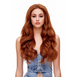 Rugelyss Fashion Glueless Auburn Copper Red 24Inch Long Natural Wavy Free Part Small Area Lace Front Wigs Heat Resistant Synthetic Hair Wig for Women (Copper Red)
