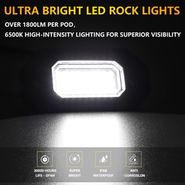 12 Pods Aluminium Pure White LED Rock Lights Kit,6500K Super Bright LED Light,36 High Power Chips, Each 15ft Extension Cable,IP68 Waterproof,for Pickup Trucks SUV UTV ATV RZR Car Boats