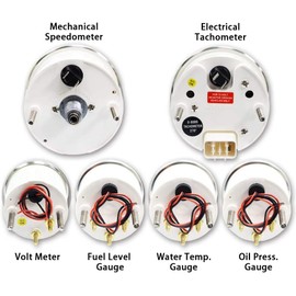 MOTOR METER RACING Classic 6 Gauge Set with Mechanical Speedometer Analog Odometer Red Dial White Needle Light Bulb Illumination 85mm 3-3/8" & 52mm 2-1/16"