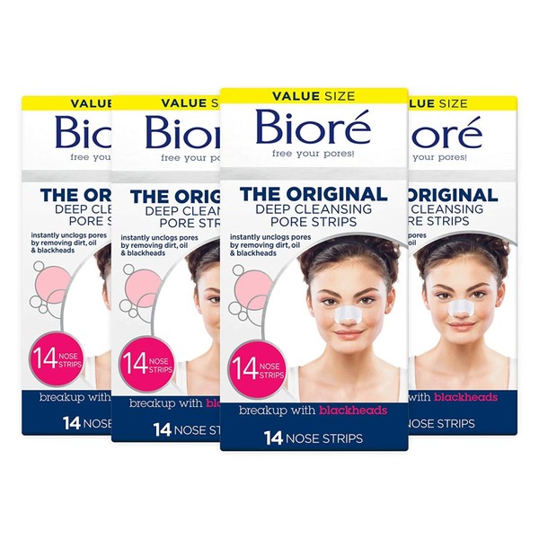 Biore Original, Deep Cleansing Pore Strips, Nose Strips for Blackhead Removal, with Instant Pore Unclogging, features C-Bond Technology, Oil-Free, Non-Comedogenic Use,14 Count, 4-pack