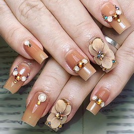 Press On Apricot Coffin Nails - Medium Square Glitter Rhinestone Flower Design, Fake Acrylic Glossy, Glue on, Full Cover, Winter/Summer
