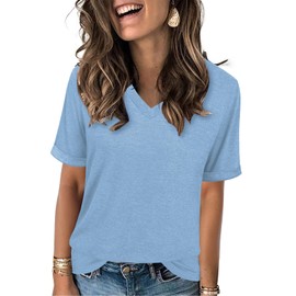 Women's T Shirts V-Neck 2025 Fashion Spring Summer Casual Women Tops Trendy Cute Fit Tee S-XXL Light Blue