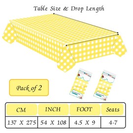 SietDESEO 2 Pack Yellow Gingham Tablecloth 54 x 108 Yellow and White Checkered Table Cloth for Rectangle Table Disposable Plastic Table Cover for Party Outdoor Picnic Wedding Yellow Plastic Tablecloth