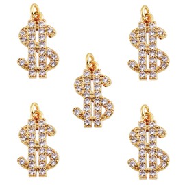 LEGENTLISUR 5Pcs Money Dollor 18k Gold Plated Charms Bulk Brass Cubic Zirconia Pendants Charms for Jewelry Making Necklace Bracelet Craft DIY