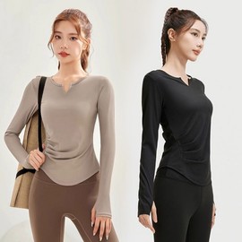 Women's Yoga Pilates Home Workout Long Sleeve V-Neck Top with Front Slit and Waist Shirring Detail Top Light Brown/XL 2ea