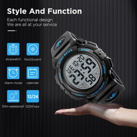 LIFEJXWEN Digital Sports Watch for Men, 50M Waterproof Sports Watch for Men with LED Backlight and Alarm Stopwatch 12/24 Hours, blue, Ribbon