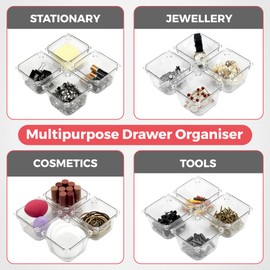 Amtido 4 Pack Drawer Organisers - Sturdy Clear Plastic - Versatile Storage for Kitchen, Bathroom, Utensils, Makeup, Office, and Desk Accessories (7.6cm x 7.6cm x 5.1cm)