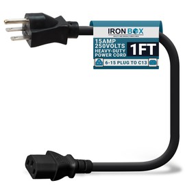 IronBox Electric NEMA 6-15 Plug to C13 Connector Power Cords - 15A/250V - 14/3 AWG - Power Supply Replacement Cable - UL Listed Heavy Duty Cord for Monitor, Computer, TV & More (1ft, Molded)