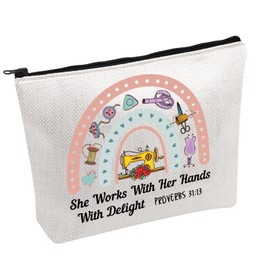 Sewing Machine Makeup Bag She Works with Her Hands with Delight Proverbs 31:13 Cosmetic Bag Sewing Lover Gift (Sewing She Works B)