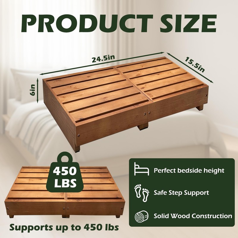 koretech Wooden Step Stool 6” Height, Bed Steps for High