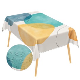 AOFOTO 60x84 Inch Boho Mid Century Rectangle Tablecloth Abstract Modern Geometric Minimalist Aesthetic Art Design Table Cover Simple Curves Fabric Kitchen Dining Room Decor Table Cloth, Beige Green