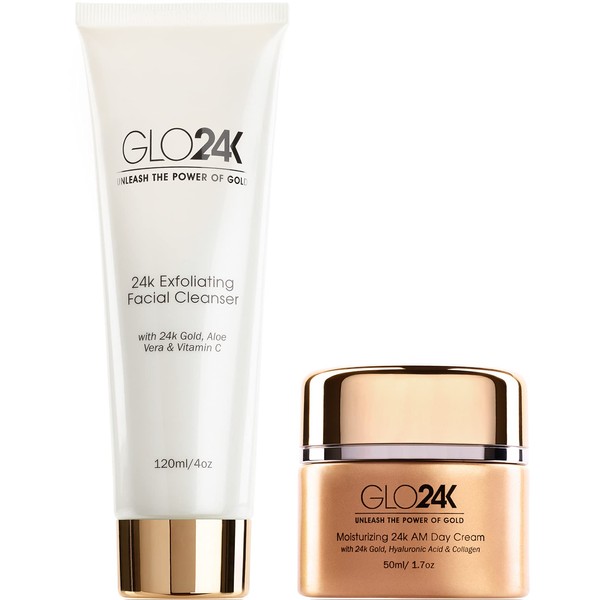 GLO24K Exfoliating Facial Cleanser & Day Cream with 24k Gold, Collagen, and Vitamins A,C,E. For a Radiant appearance and Fresh Looking Skin.