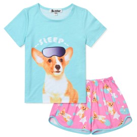 Jxstar Pajamas for Big Girl Dog Pj Set Kids Summer Sleep Shirt Sleepwear,Size 10 11